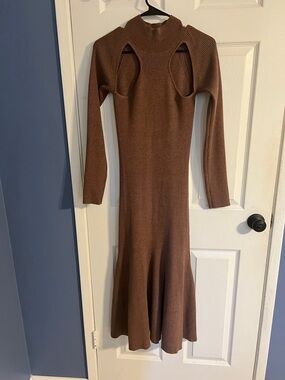 Astr Brown Long-Sleeve Cutout Knit Midi Dress